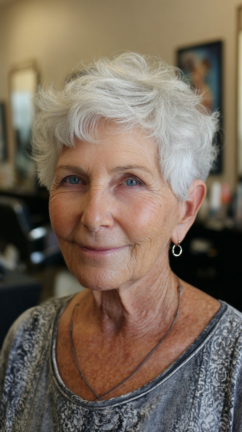 The Wavy Silver Crop - silver short hairstyle on a woman over 70