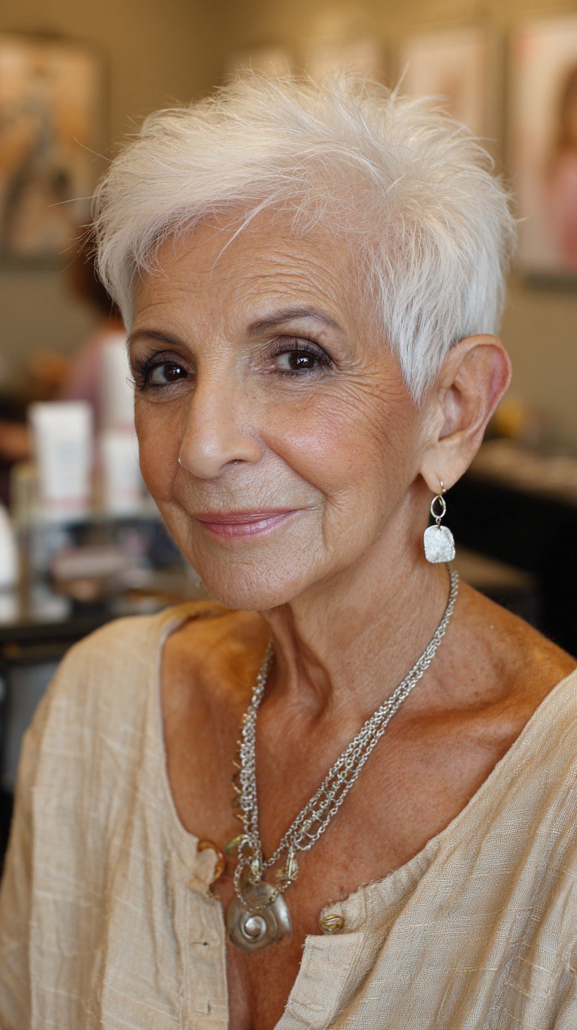 The Elegant Silver Pixie With Pearl Drops - silver short hairstyle on a woman over 70