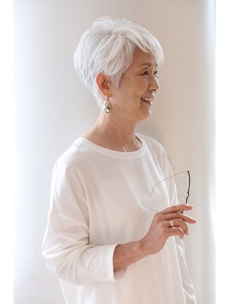 The Petite Silver Pixie - silver short hairstyle on a woman over 70