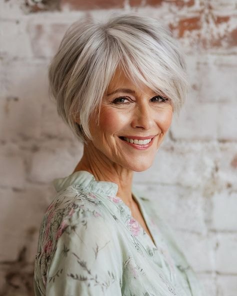 The Side-Swept Silver Pixie-Bob - silver short hairstyle on a woman over 70