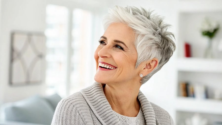 The Joyful Spiky Silver Pixie - silver short hairstyle on a woman over 70