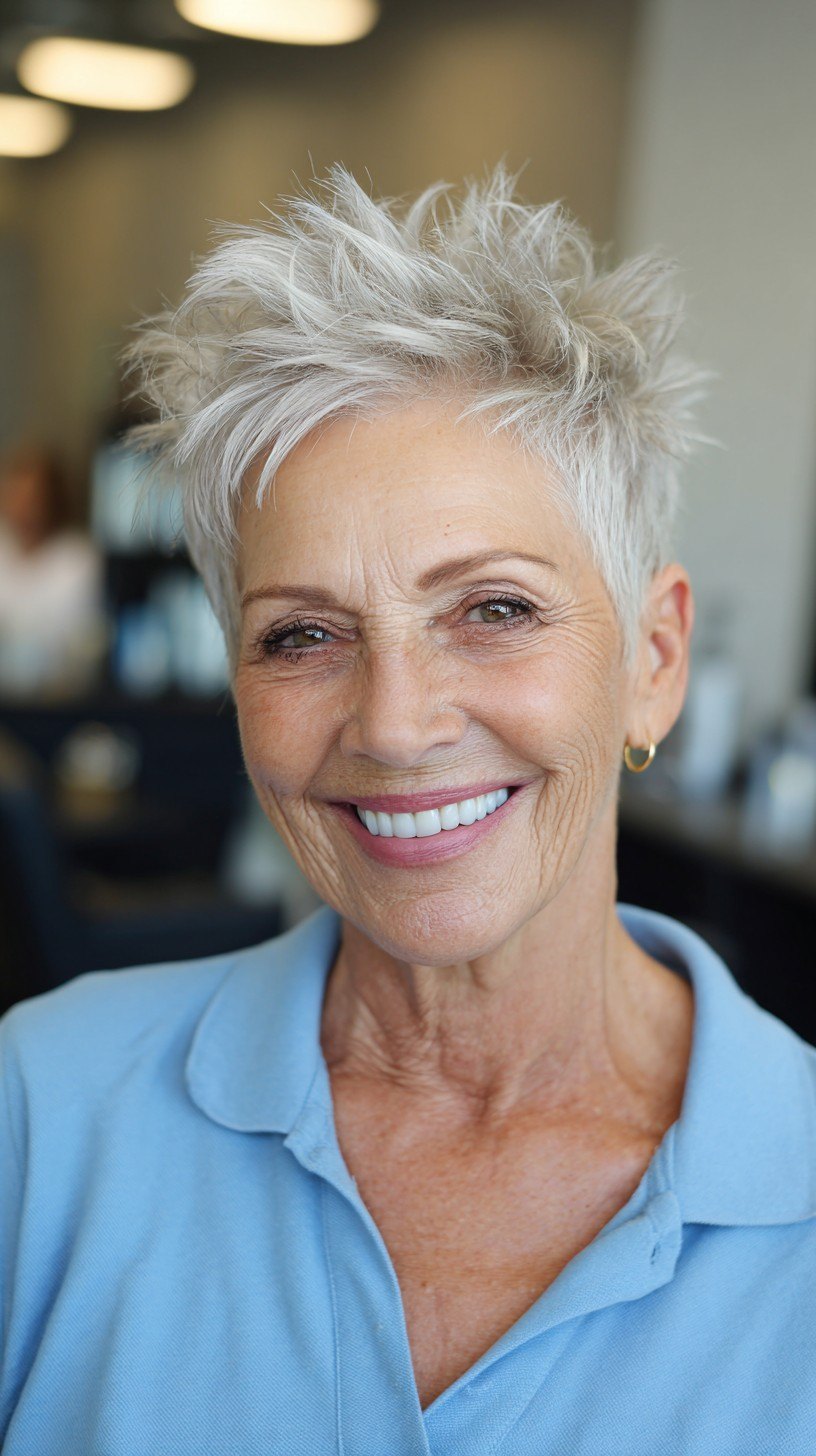 The Tousled Silver Pixie - silver short hairstyle on a woman over 70