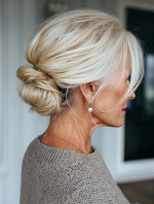 Woman over 70 with classic Low Chignon Bun — simple bun hairstyle for long gray hair inspiration for women over 70