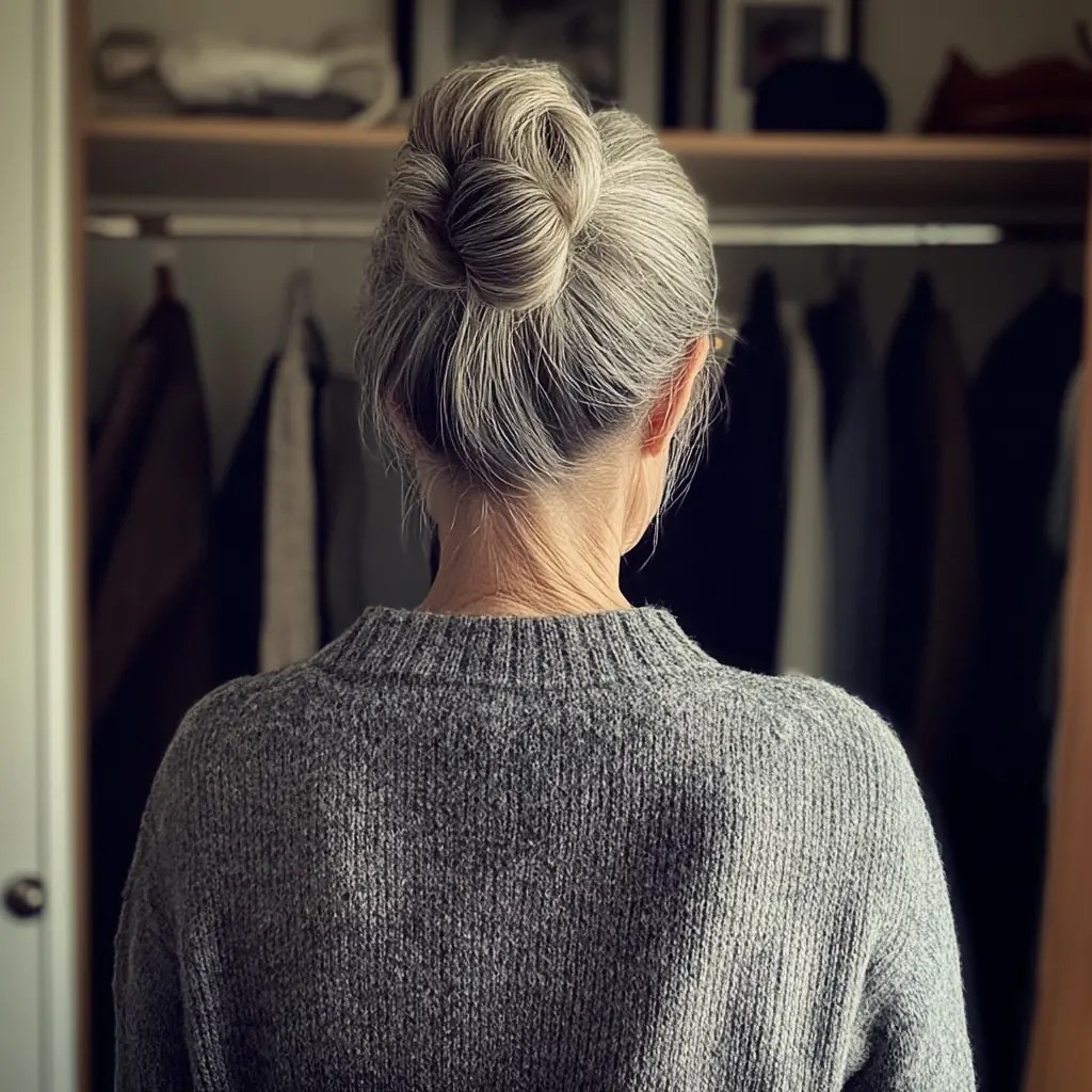 Woman over 70 with padded Full Bun — simple bun hairstyle for long gray hair inspiration for women over 70