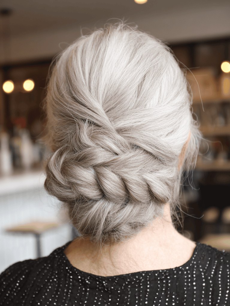 Woman over 70 with french Braid Into a Low Bun — simple bun hairstyle for long gray hair inspiration for women over 70