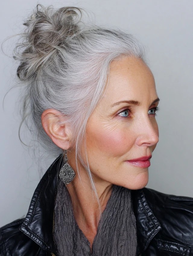 Woman over 70 with high Silver Bun — simple bun hairstyle for long gray hair inspiration for women over 70