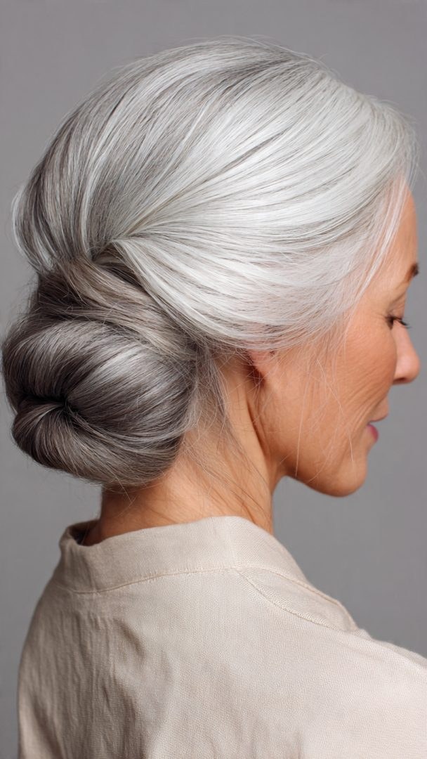 Woman over 70 with simple Roll-and-Pin Bun — simple bun hairstyle for long gray hair inspiration for women over 70
