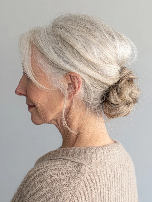 Woman over 70 with simple Low Nape Bun — simple bun hairstyle for long gray hair inspiration for women over 70