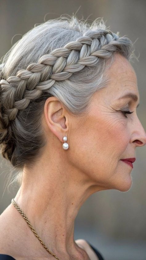 Woman over 70 with plaited Halo Bun — simple bun hairstyle for long gray hair inspiration for women over 70