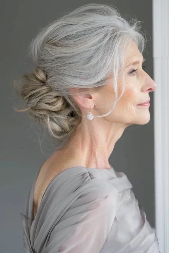 Woman over 70 with low Chignon With Loose Tendrils — simple bun hairstyle for long gray hair inspiration for women over 70
