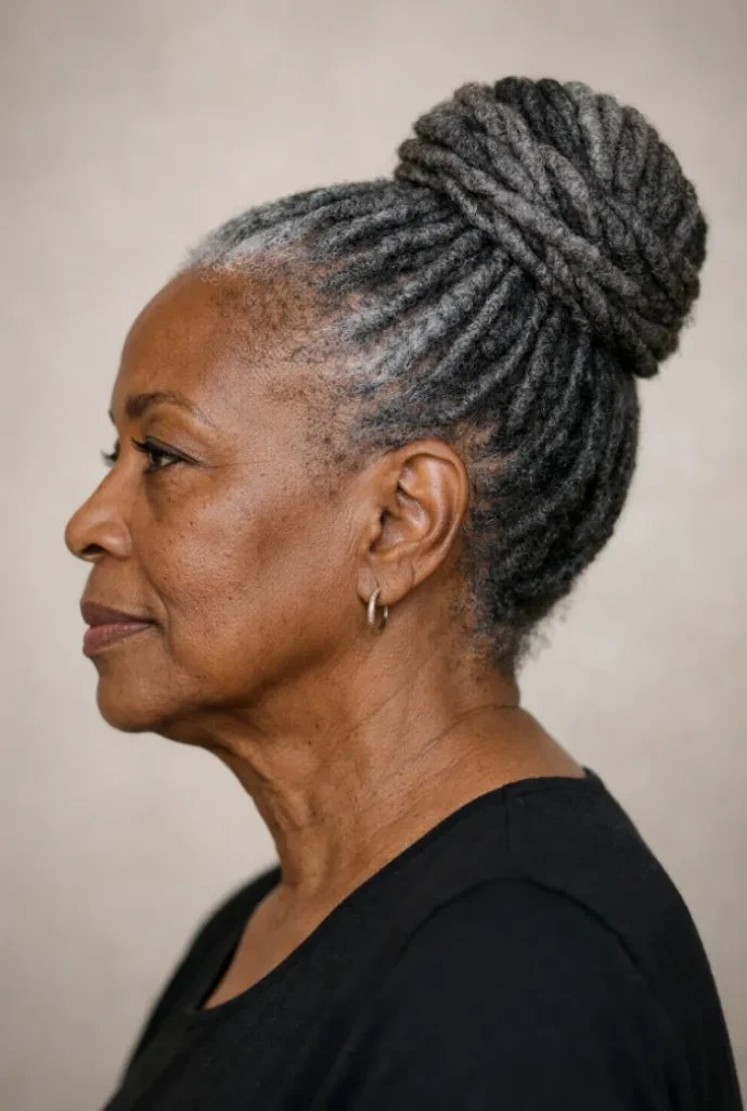 Woman over 70 with softened Ballerina Bun — simple bun hairstyle for long gray hair inspiration for women over 70