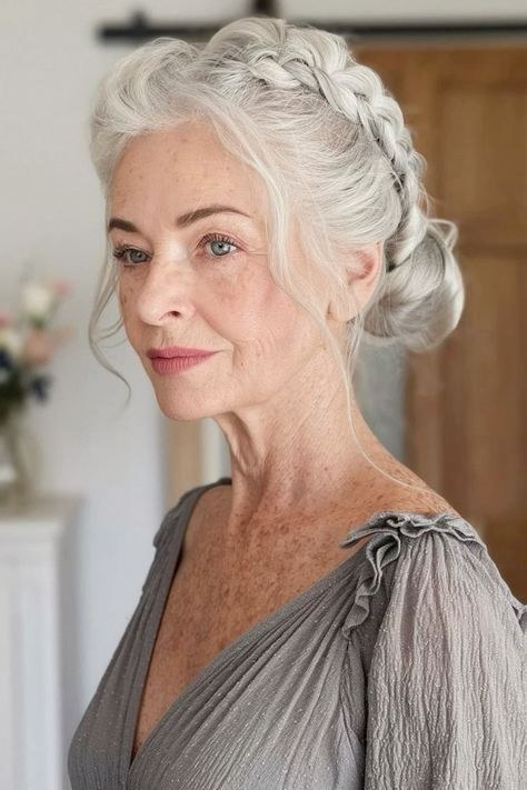 Woman over 70 with loose Braided Bun — simple bun hairstyle for long gray hair inspiration for women over 70