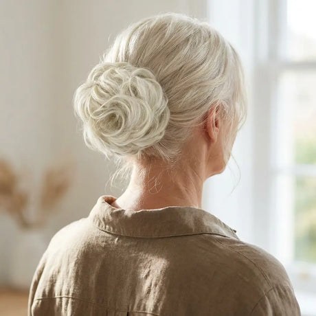 Woman over 70 with coiled Rope Bun — simple bun hairstyle for long gray hair inspiration for women over 70