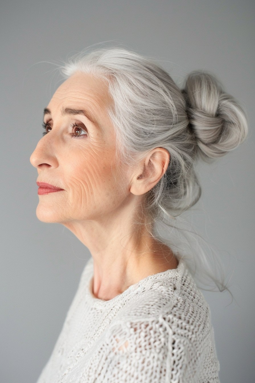 Woman over 70 with soft Relaxed Bun for Silver Hair — simple bun hairstyle for long gray hair inspiration for women over 70