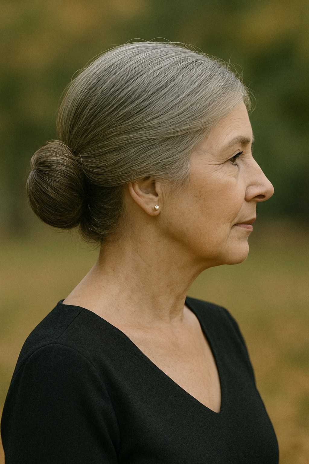 Woman over 70 with side Low Bun — simple bun hairstyle for long gray hair inspiration for women over 70