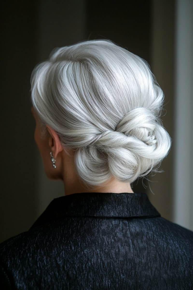 Woman over 70 with braided Knot Bun — simple bun hairstyle for long gray hair inspiration for women over 70