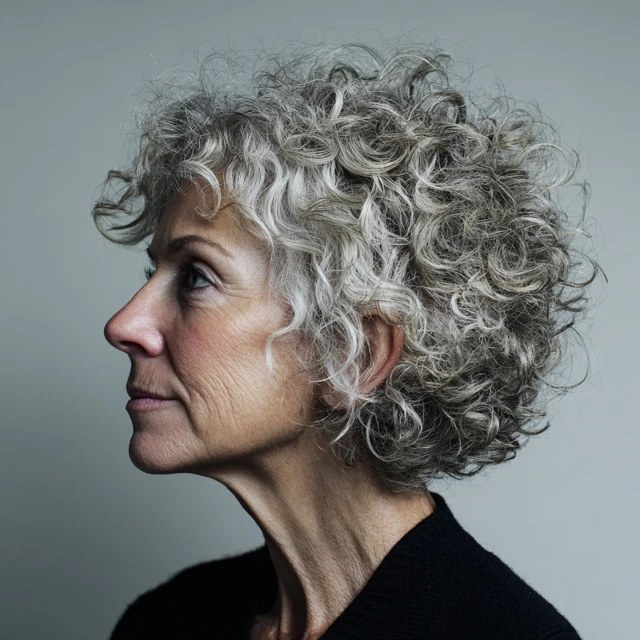 The Full Curly Bob in Profile — soft perm curls on a woman over 70 with flat hair