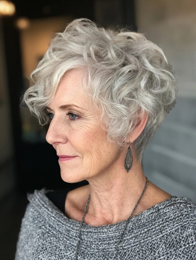 The Stacked Silver Curls in Profile — soft perm curls on a woman over 70 with flat hair
