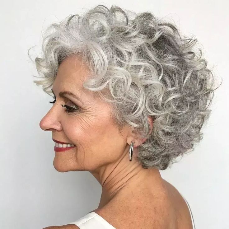The Happy White Curly Bob in Profile — soft perm curls on a woman over 70 with flat hair