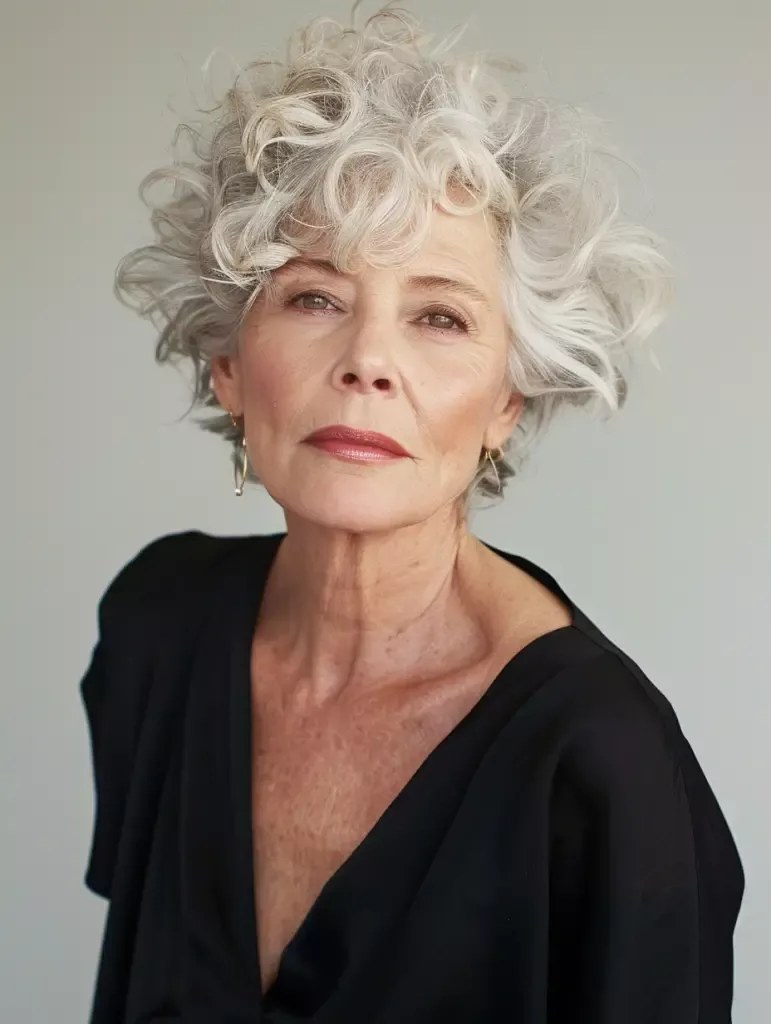 The Dramatic White Curly Shape — soft perm curls on a woman over 70 with flat hair