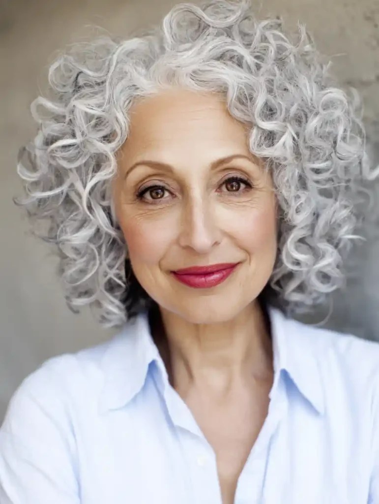 Bright White Ringlets, Perm-Bouncy — soft perm curls on a woman over 70 with flat hair