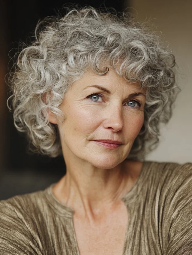 The Soft Gray Curly Crop With a Fringe — soft perm curls on a woman over 70 with flat hair