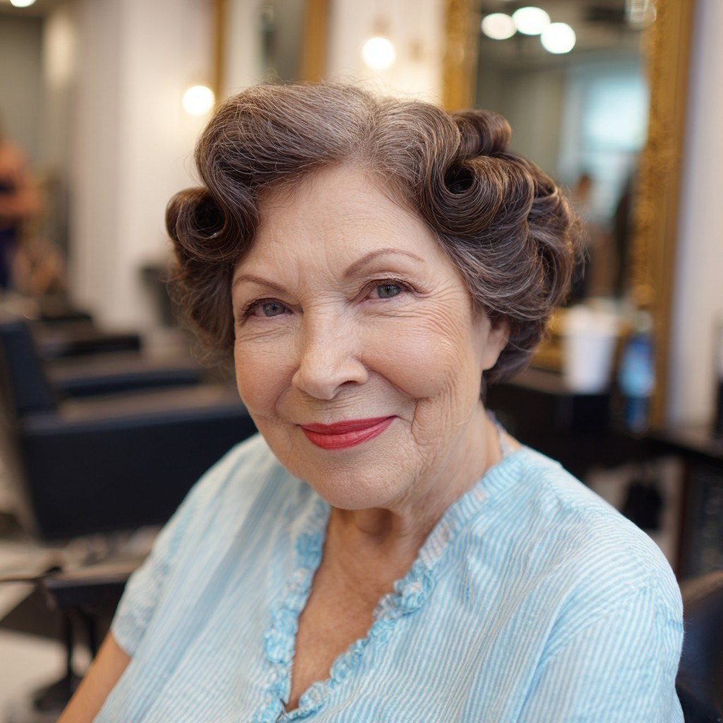 The Classic Pin-Curl Set Finish — soft perm curls on a woman over 70 with flat hair