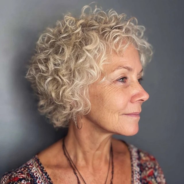 Blonde Curls in Profile, Soft Perm Style — soft perm curls on a woman over 70 with flat hair