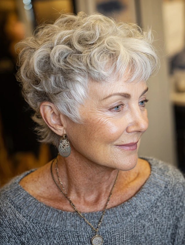 The Lifted White Curly Pixie-Bob — soft perm curls on a woman over 70 with flat hair