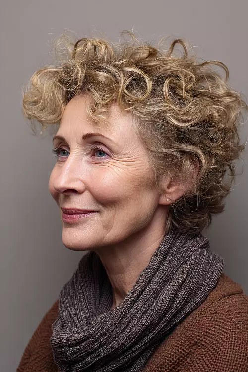 The Golden Curly Crop in Profile — soft perm curls on a woman over 70 with flat hair