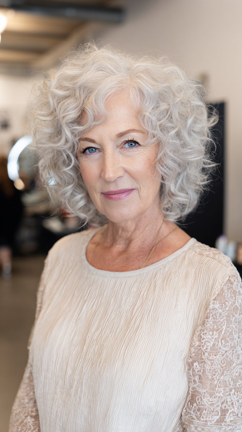 Salon-Fresh White Curls — soft perm curls on a woman over 70 with flat hair