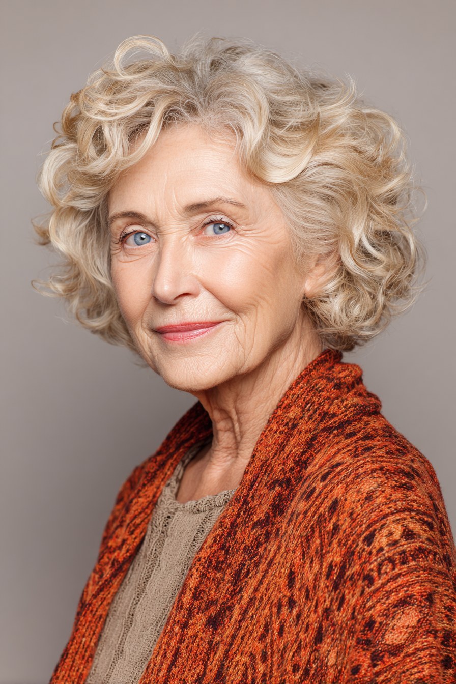 The Creamy Blonde Curly Bob — soft perm curls on a woman over 70 with flat hair