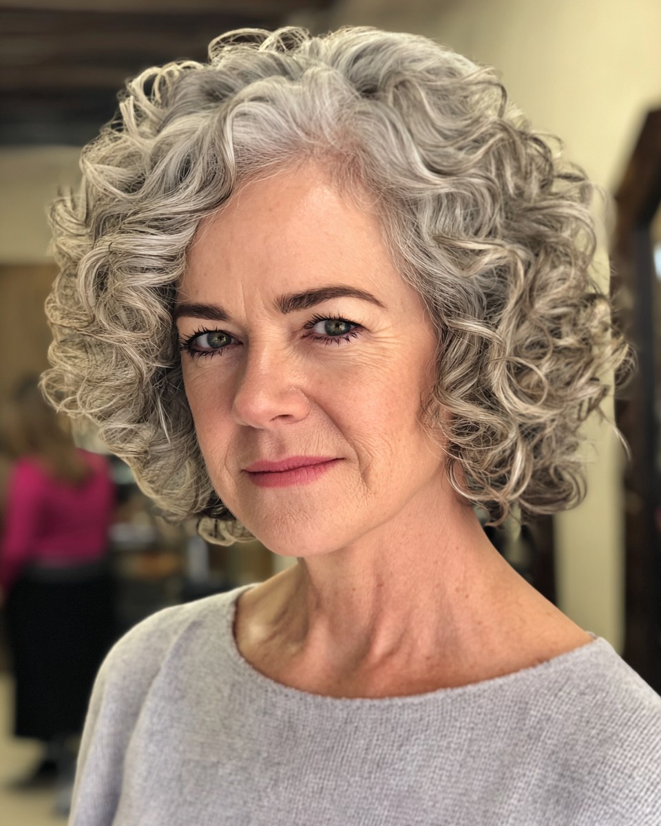 The Layered Gray Curly Bob — soft perm curls on a woman over 70 with flat hair