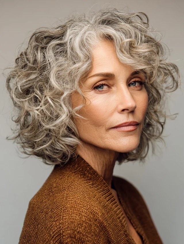 The Silver Curly Bob With Movement — soft perm curls on a woman over 70 with flat hair