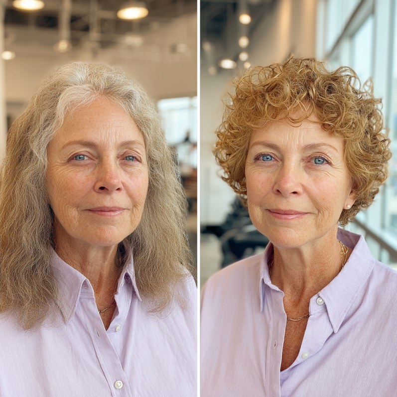 Before and After: A Gentle Perm Transformation — soft perm curls on a woman over 70 with flat hair