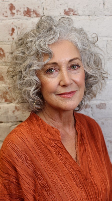The Rounded Silver Curly Bob — soft perm curls on a woman over 70 with flat hair
