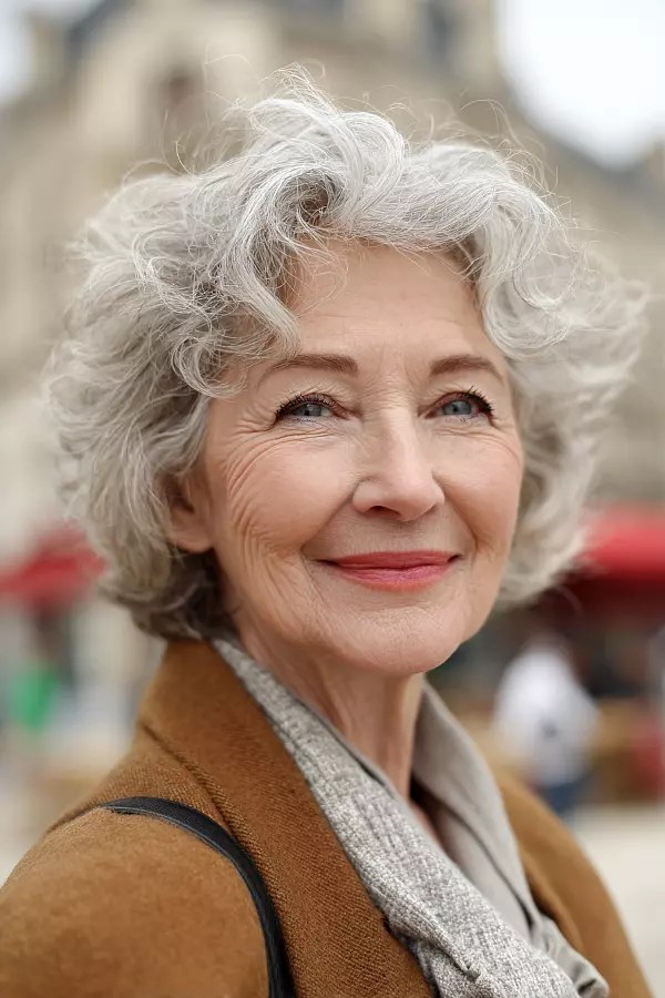 The Airy White Curly Crop — soft perm curls on a woman over 70 with flat hair
