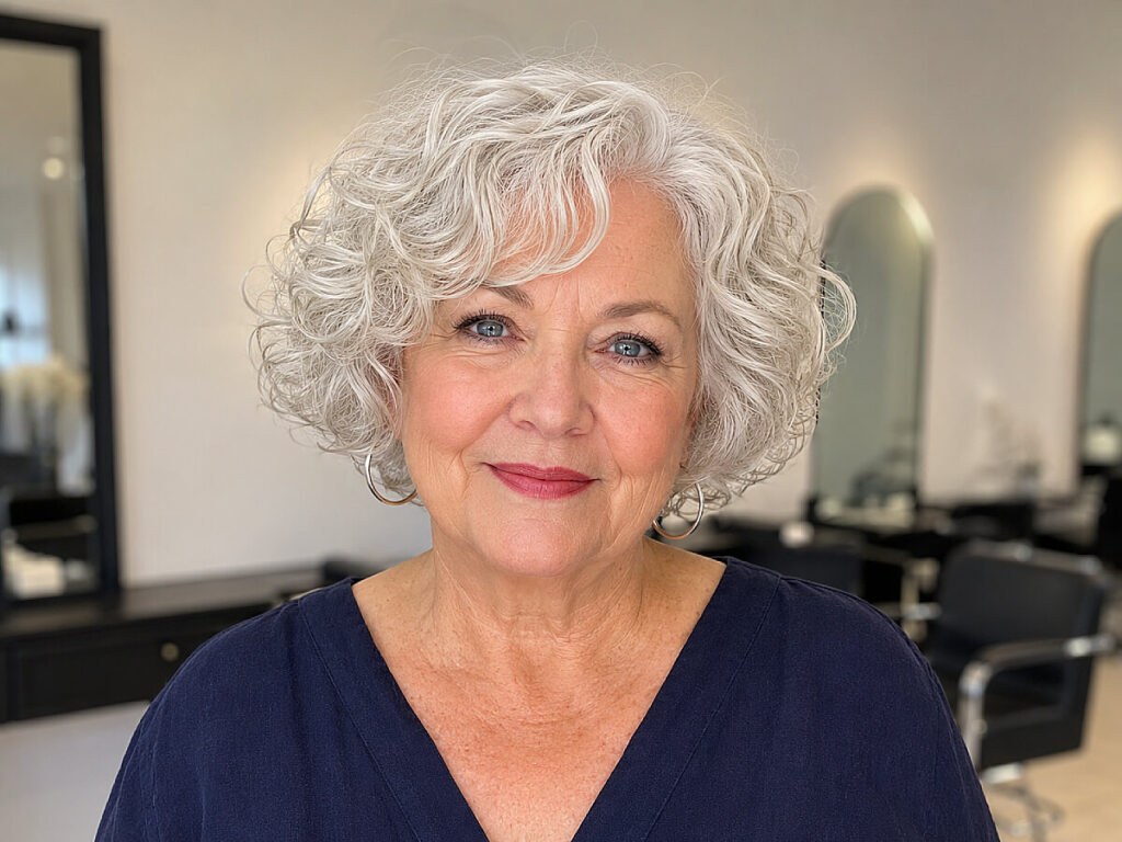The Chin-Length White Curly Bob — soft perm curls on a woman over 70 with flat hair