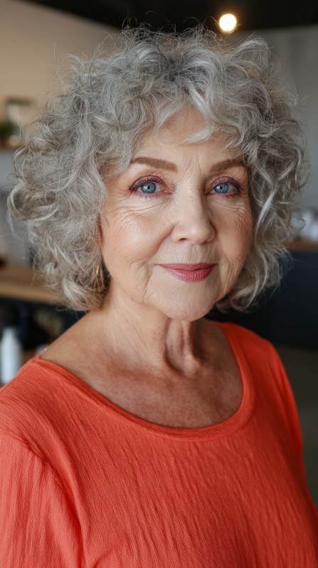 The Soft Rounded Perm Bob — soft perm curls on a woman over 70 with flat hair