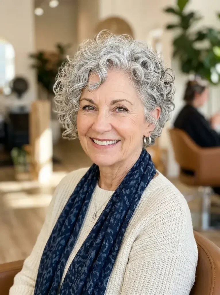 The Defined Silver Curly Bob — soft perm curls on a woman over 70 with flat hair