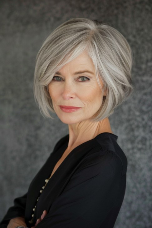 Rounded Bob with Lift Without Teasing — soft rounded bob hairstyle on a woman over 70 with gray hair