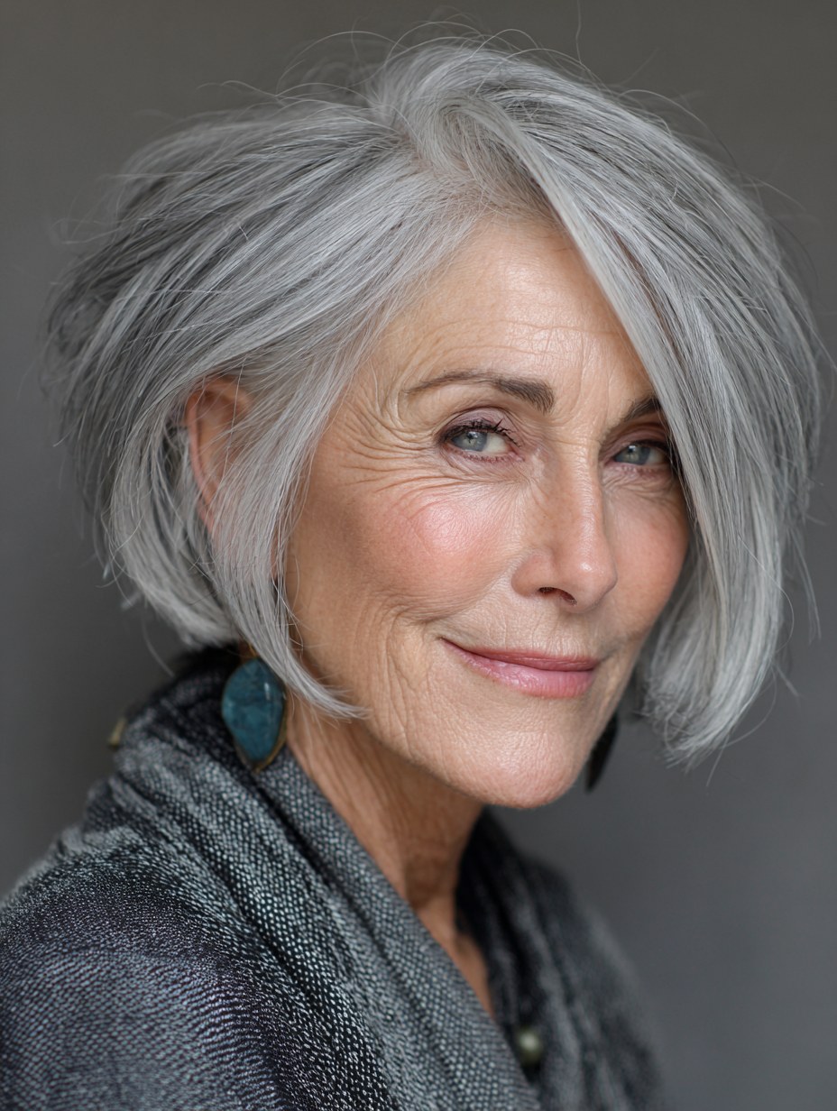 Short Rounded Bob for Tender Scalps — soft rounded bob hairstyle on a woman over 70 with gray hair