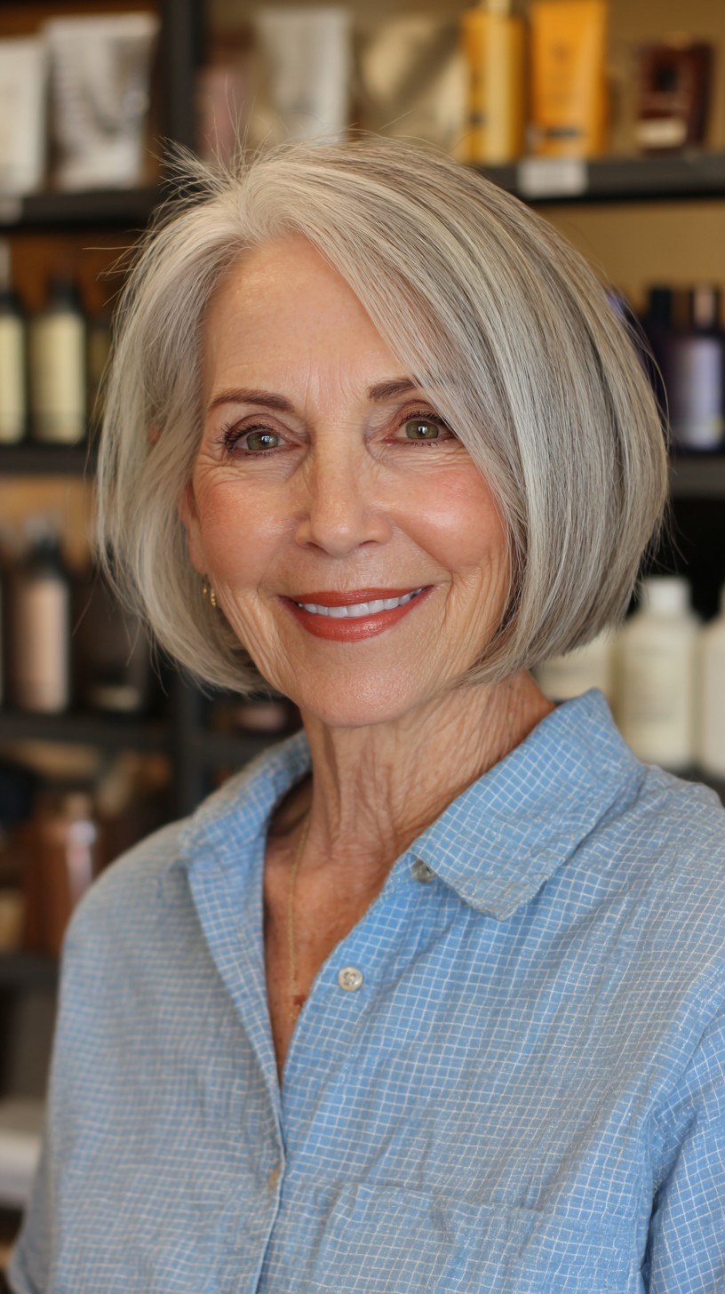 Rounded Bob in Pearl White — soft rounded bob hairstyle on a woman over 70 with gray hair