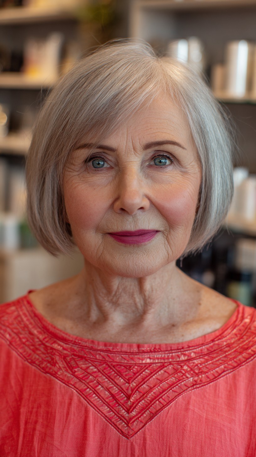 Air-Dry Rounded Bob for Easy Mornings — soft rounded bob hairstyle on a woman over 70 with gray hair