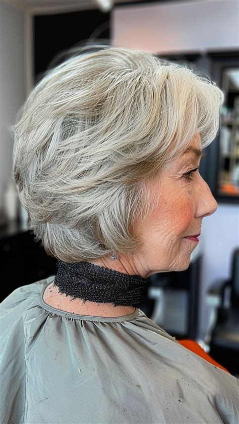 Longer Rounded Bob at the Shoulders — soft rounded bob hairstyle on a woman over 70 with gray hair