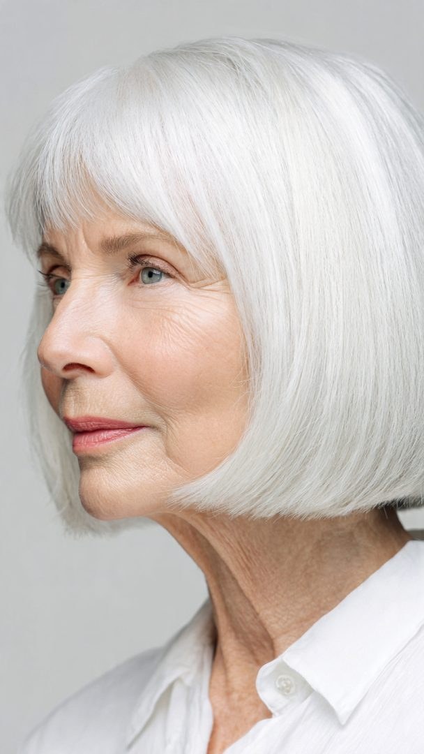 Rounded Bob That Slims a Full Cheek Area — soft rounded bob hairstyle on a woman over 70 with gray hair