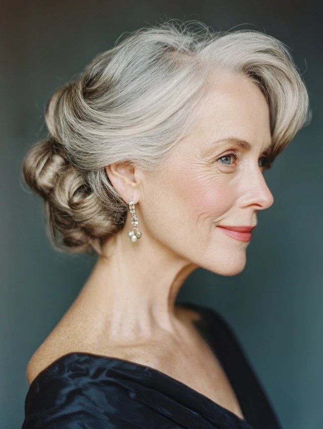 Woman over 70 with silver Low Bun with a Smooth Crown — special occasion hairstyle for women over 70