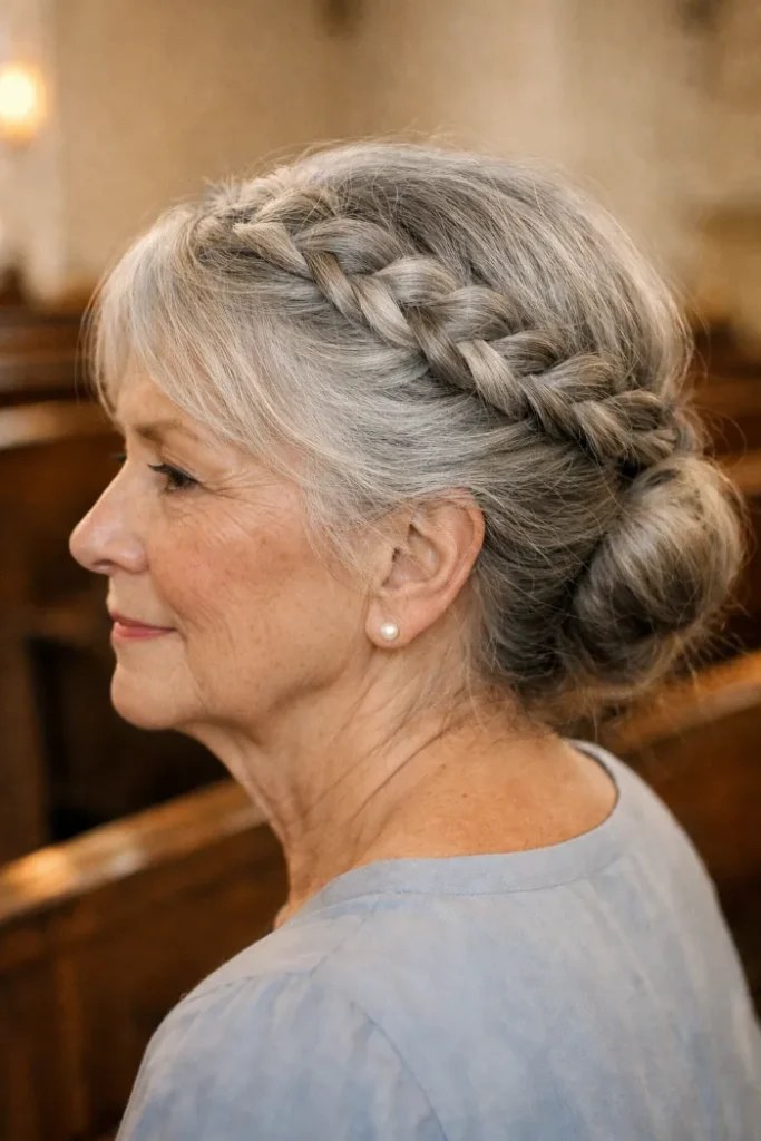 Woman over 70 with braided Crown Bun for Celebrations — special occasion hairstyle for women over 70