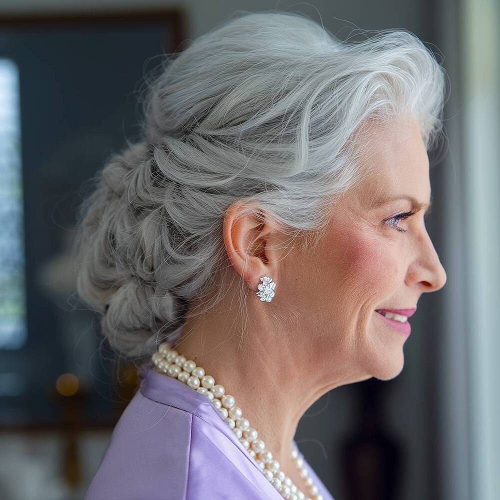 Woman over 70 with loose Silver Bun with Pearls — special occasion hairstyle for women over 70