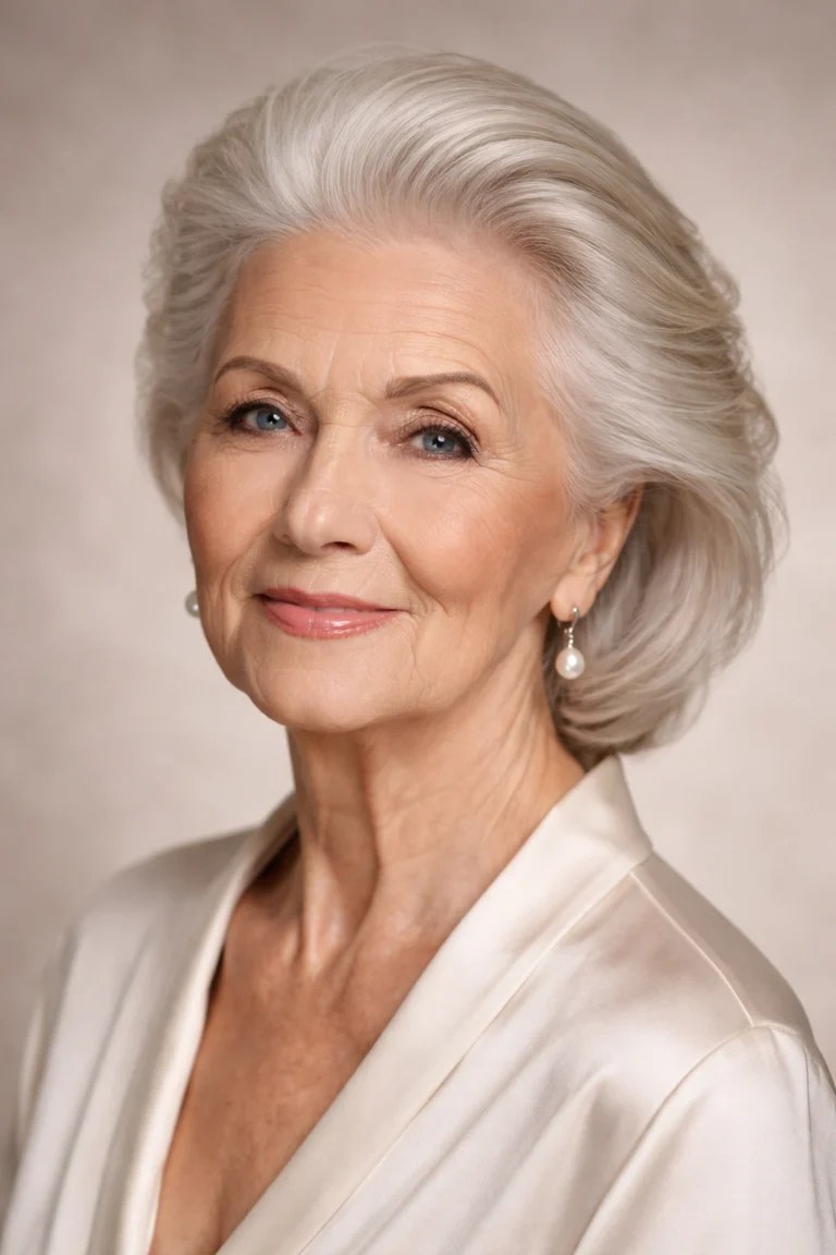 Woman over 70 with smooth Silver Bob with a Shine Finish — special occasion hairstyle for women over 70